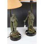Pair of Patinated Spelter Table Lamps in the form of Milton and Shakespeare, 50cms high