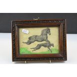 19th century Coloured Pencil Drawing of Horse and Greyhound with monogram
