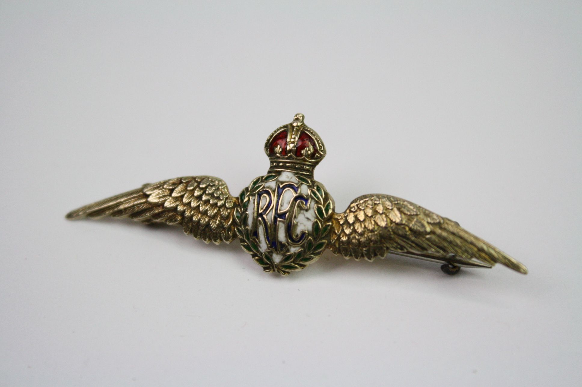 A 9ct Gold And Enamel Royal Flying Corps / RFC Wings Sweetheart Brooch, Marked 9ct For 9ct Gold To
