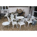 Six White Metal Garden Chairs plus Two Tables