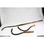 Three Vintage Scythes, one with Long Handle and Two with Short Handles