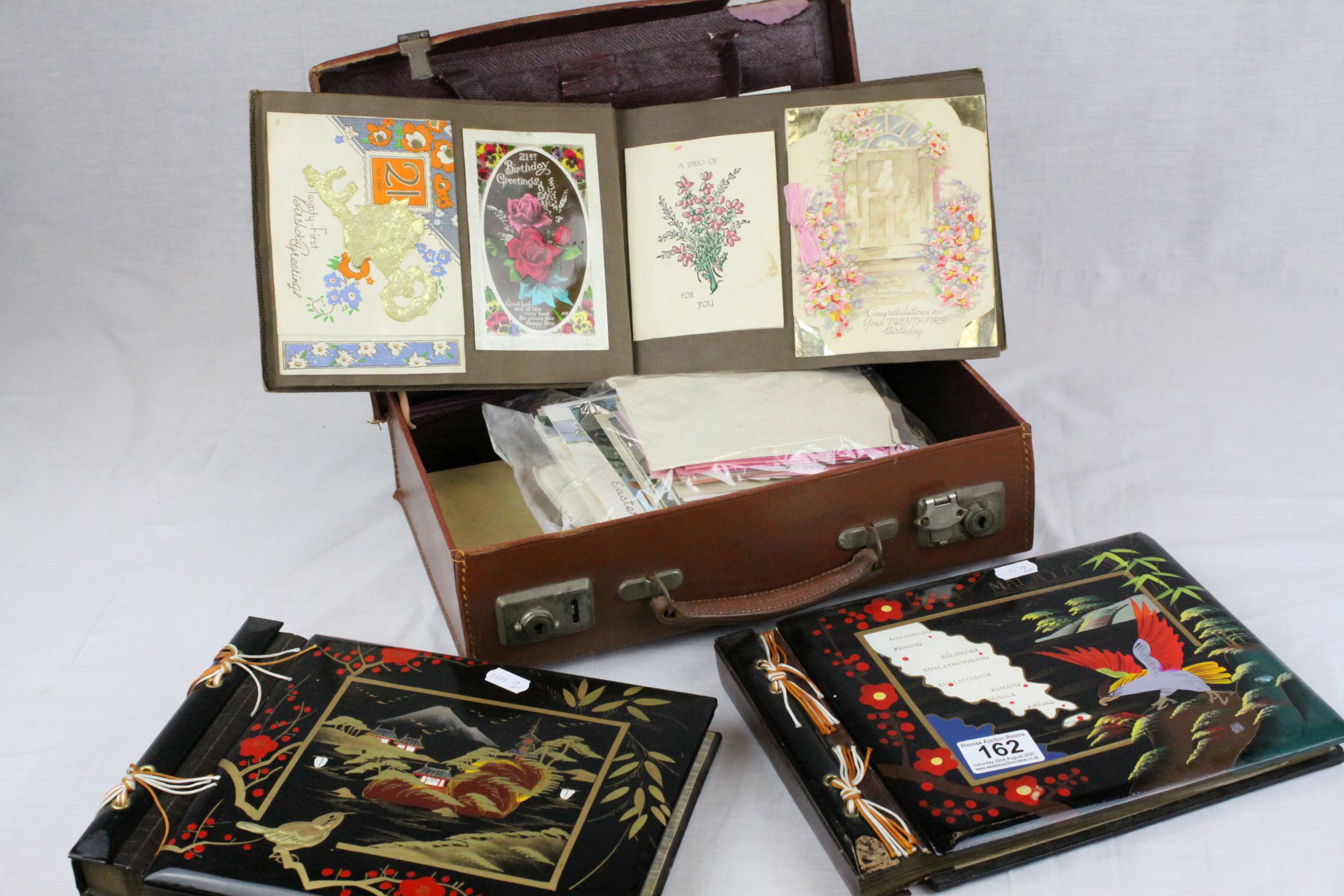 Album of Early to Mid 20th century Birthday and Greetings Cards, Suitcase of Mixed Ephemera