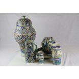Collection of Persian / Iznik Style Pottery decorated in Blues, Greens and Yellows, including Two