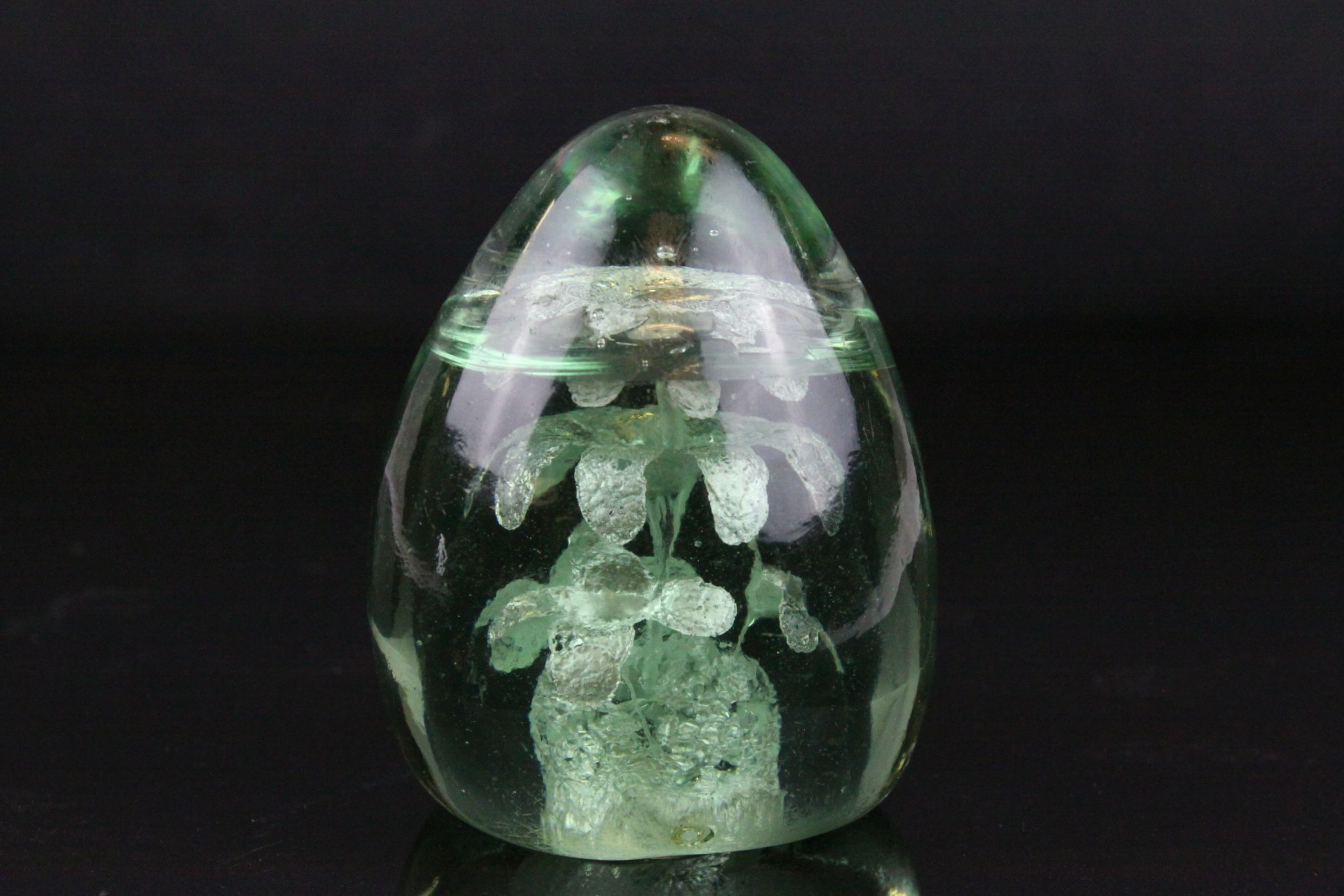 Victorian Green Glass Dump Paperweight with Flower Inclusion, h.10cms