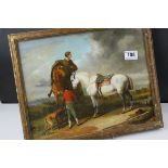 Oil panel classical landscape with figures, horses and dogs gilt framed 28 x 35.5cm