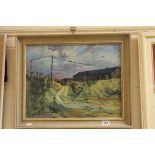 Betty Dow oil on board 20 th century rural landscape titled verso Farm Road in Dyfed signed