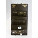 Japanese Black Lacquered Hanging Three Section Letter Rack decorated with Gilt Highlights, 38cms