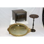 Gilt Framed Oval Mirror, Mahogany Wine Table and an Oak Coal Box
