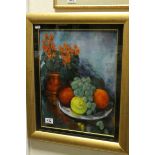 A studio framed signed mixed method still life flowers and fruit on a platter and vase 44 x 33.5cm