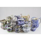 Collection of Thirteen mainly 19th century Transfer Printed Jugs including Copeland Garrett, Blue