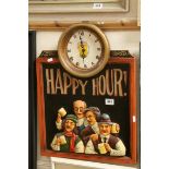 A contemporary humorous wooden sign showing characters drinking Happy Hour with integral clock.