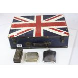 Modern Briefcase decorated with Union Jack containing a Silver Plated Cigarette Case, Hip Flask