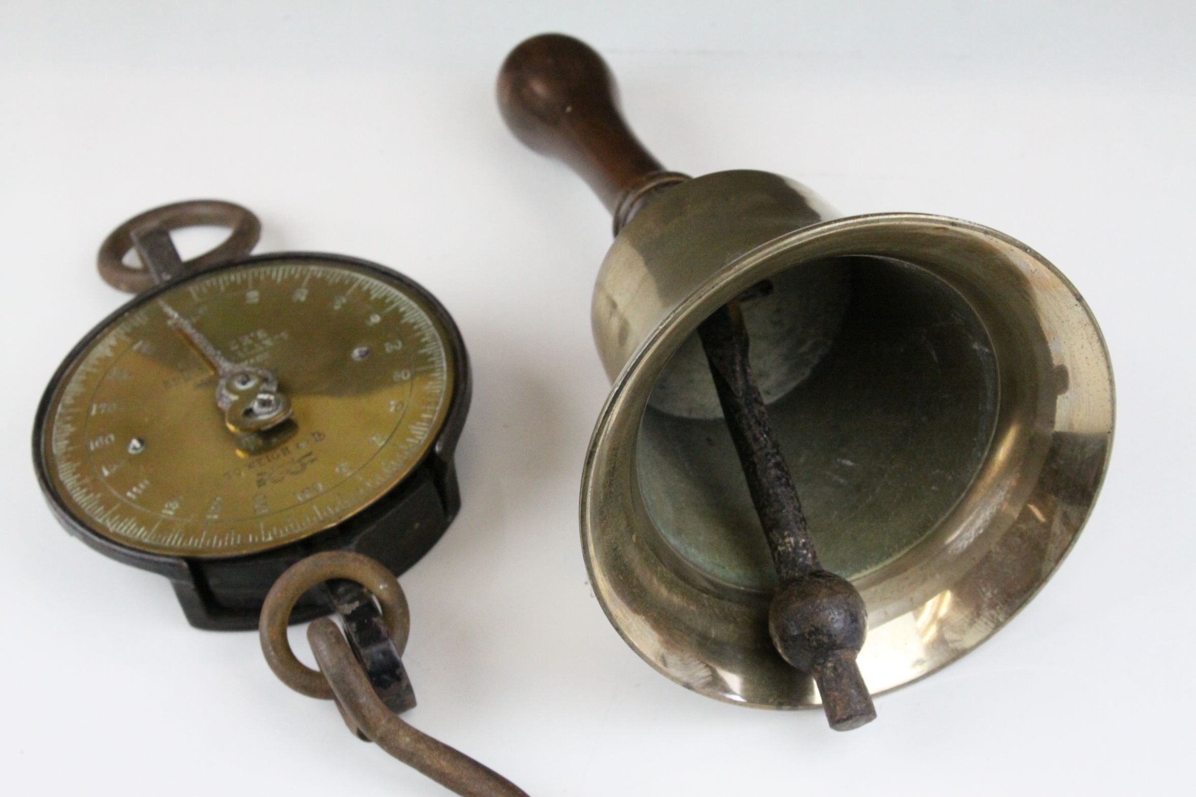 a large brass antique hand bell marked 12 W. H with wooden handle and a 200 lb Salters spring - Image 5 of 5