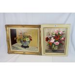 Two Floral Display Still Life Oil Paintings on Board, one signed V Kemp, largest 40cms x 50cms, both