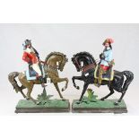 Pair of Late 19th / Early 20th century Painted Spelter Cavalier on Horseback Figures, h.47cms