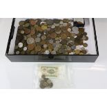 A box of coins to include foreign and british pre decimal together with a small selection of