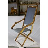 Late 19th / Early 20th century Folding Campaign Chair with Blue Fabric Seat and Back