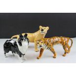 Beswick Tiger, Beswick Black and White Collie Dog and a Beswick Lioness (a/f)