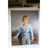 Oil on Canvas, Three Quarter Length Portrait of a Child wearing Blue Clothing with Ruffles and