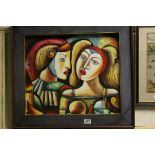 A framed modernist oil painting depicting two masked ball characters 42 x 50cm