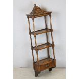 Oak Hanging Whatnot Shelf with Slender Turned Supports and Small Drawer, h.111cms w.31cms