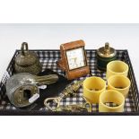 Tray of mixed collectables to include a French "Ducky" bottle opener, a wallet with hallmarked