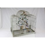 Pale Green Painted Bird Cage with a Collection of Hanging Wooden Birds, h.60cms