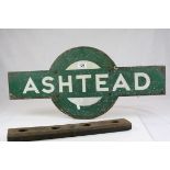 Southern Railways Green Enamel Target Station Sign ' Ashtead ', 72cms x 33cms mounted on a Wooden