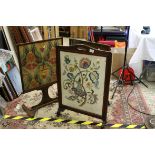 Two Early 20th century Wooden Framed Firescreens plus a Brass Relief Firescreen