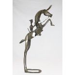 Patinated Bronze Stylised Rearing Horse and Rider, h.66cm