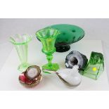 Collection of Glassware including Glass Seagull, Uranium Glass Vases, Control Bubble Ashtray,