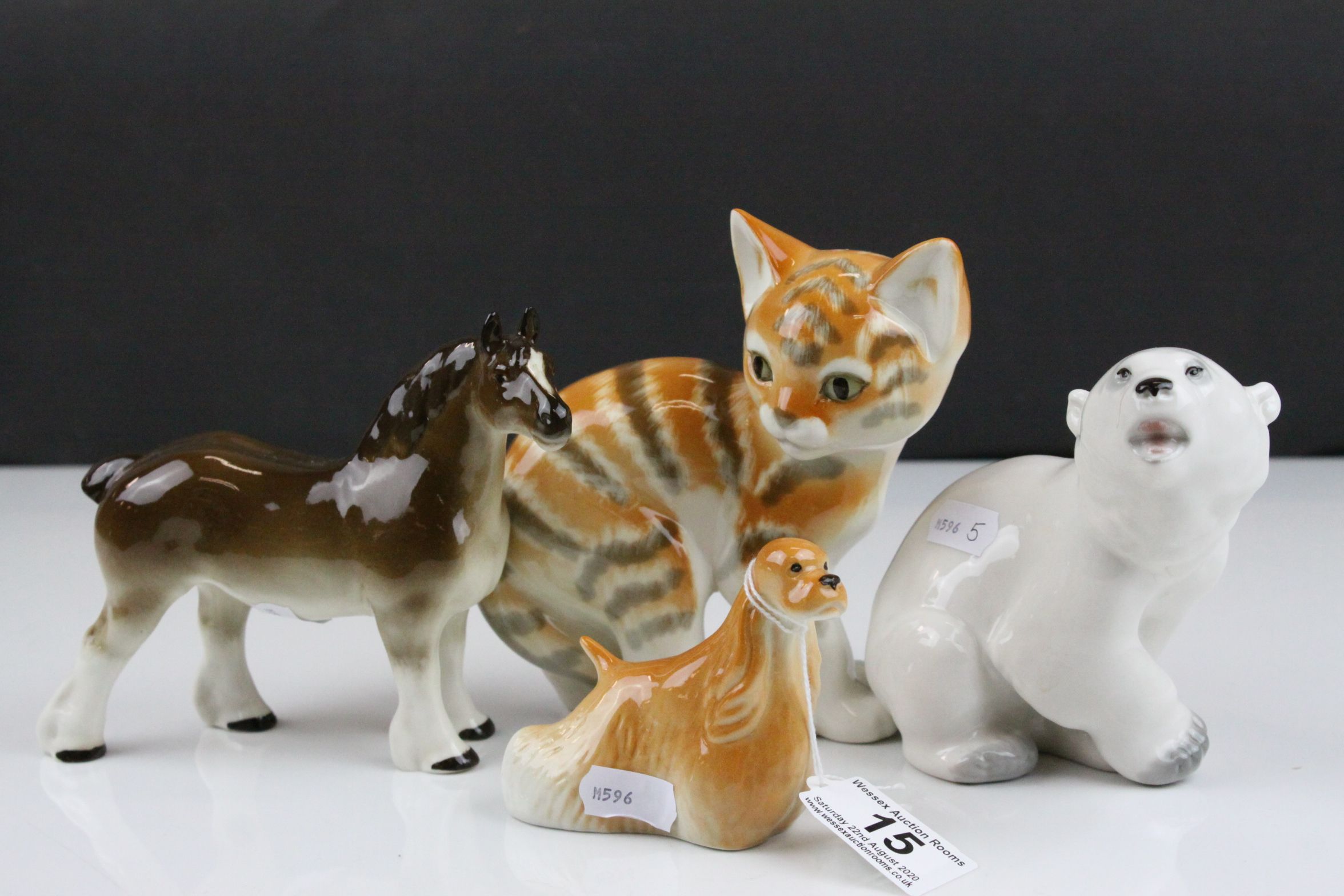 Four Russian Lomonosov Porcelain Animals including Ginger Kitten, Heavy Horse, Polar Bear and a