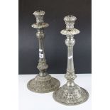 Pair of Large White Metal Column Candlesticks, h.48cms