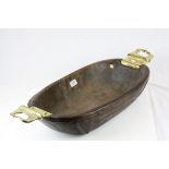 Large Hardwood Bowl with Brass Handles, L.78cms