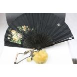 19th century Ebony and Silk Stick Fan hand painted with roses and a butterfly, 36cms long together
