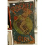 A mid century image on board of Rocket Girl possibly taken from a comic illustration 83 x 44 cm.