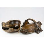 Two Wooden Bowls, one well carved with Wheat Sheaf Handles and the other with the Handles carved