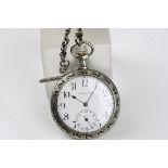 A Vintage white metal pocket watch with Brevets Cyma movement with a fully hallmarked sterling