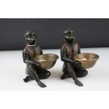 A pair of 20th century bronze seated monkeys/apes holding bowls.