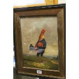 A Hogarth framed oil painting study of a fighting cockrel in a landscape