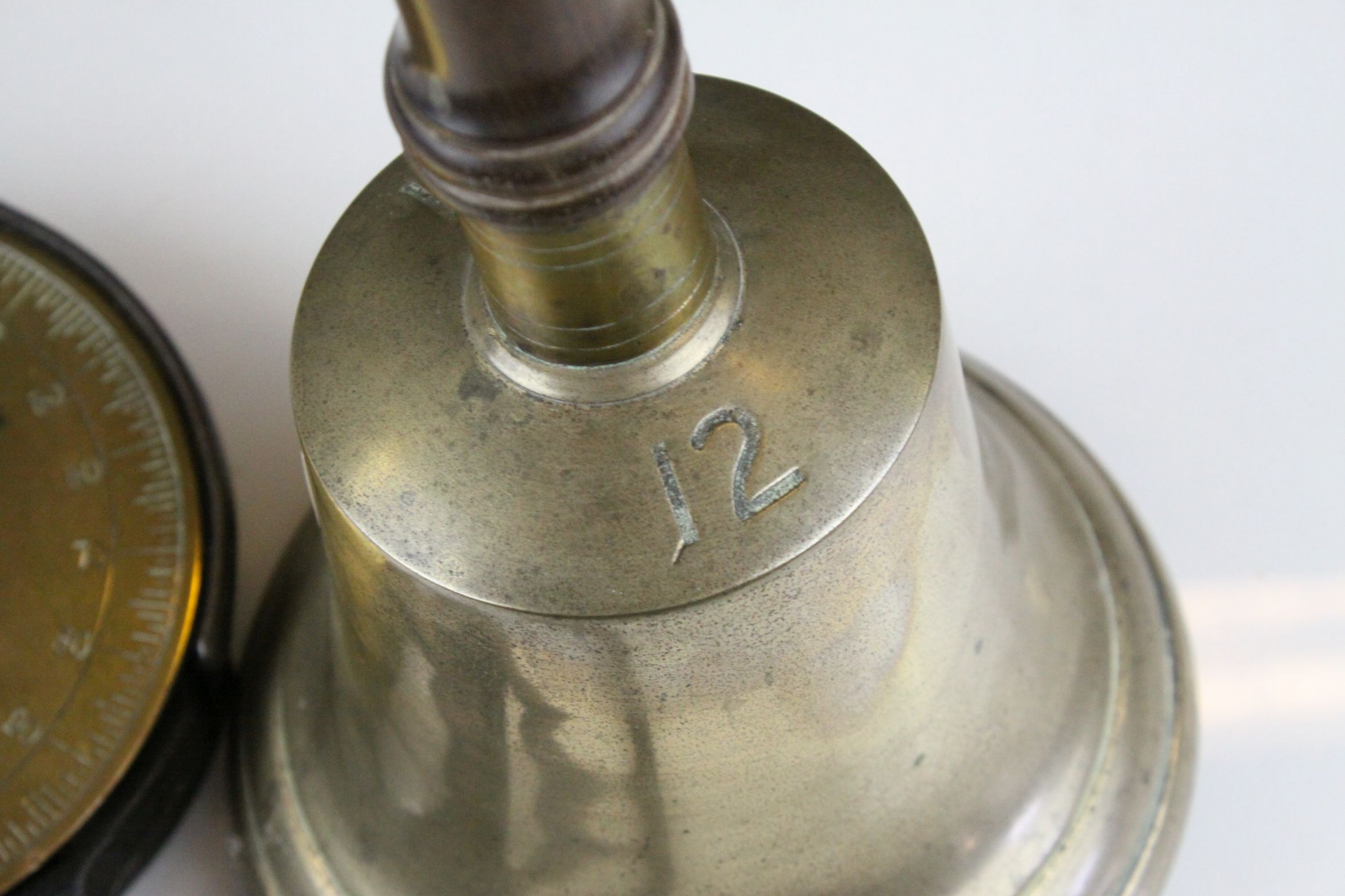 a large brass antique hand bell marked 12 W. H with wooden handle and a 200 lb Salters spring - Image 4 of 5