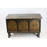 18th century or Later Continental Oak Marriage Chest, the panels to front and sides with handpainted