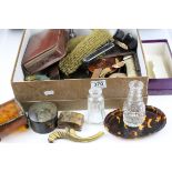A box of mixed collectables to include faux tortoiseshell boxes, snuff box and vanity collectables.