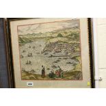 A framed antique coloured print Braun & Hogenberg's view of Santander.31 x 35 cm.