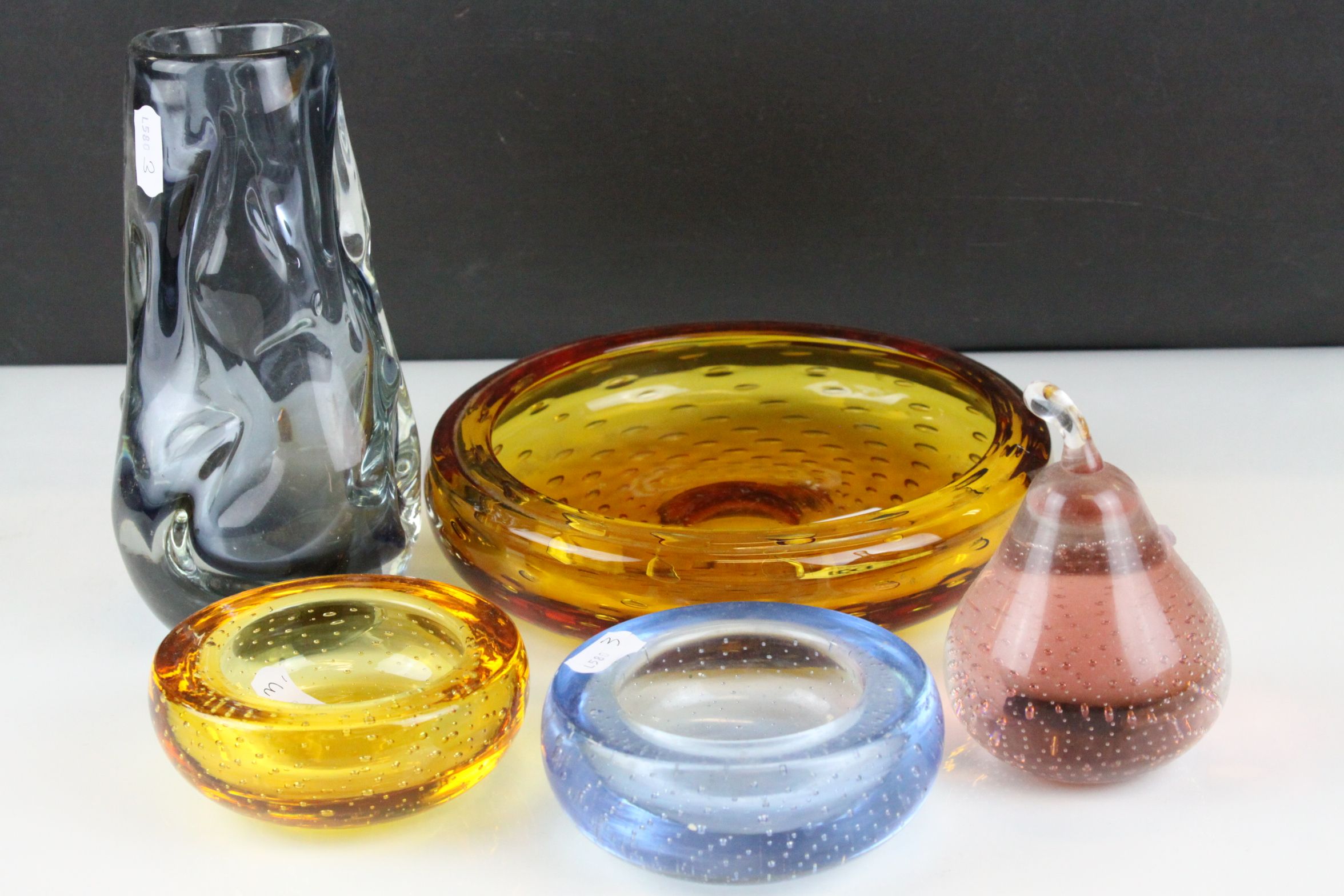 Five items of Whitefriars Glass including Blue Knobbly Vase (h.18cm), Three Control Bubble Dishes