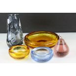 Five items of Whitefriars Glass including Blue Knobbly Vase (h.18cm), Three Control Bubble Dishes