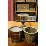 Oak Cooperd and Brass Bound Ice Bucket, Wicker Basket with Barbola Style Rim together with Cast Iron