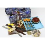 A box of mixed collectables to include vintage darts, watches, a selection of costume jewellery