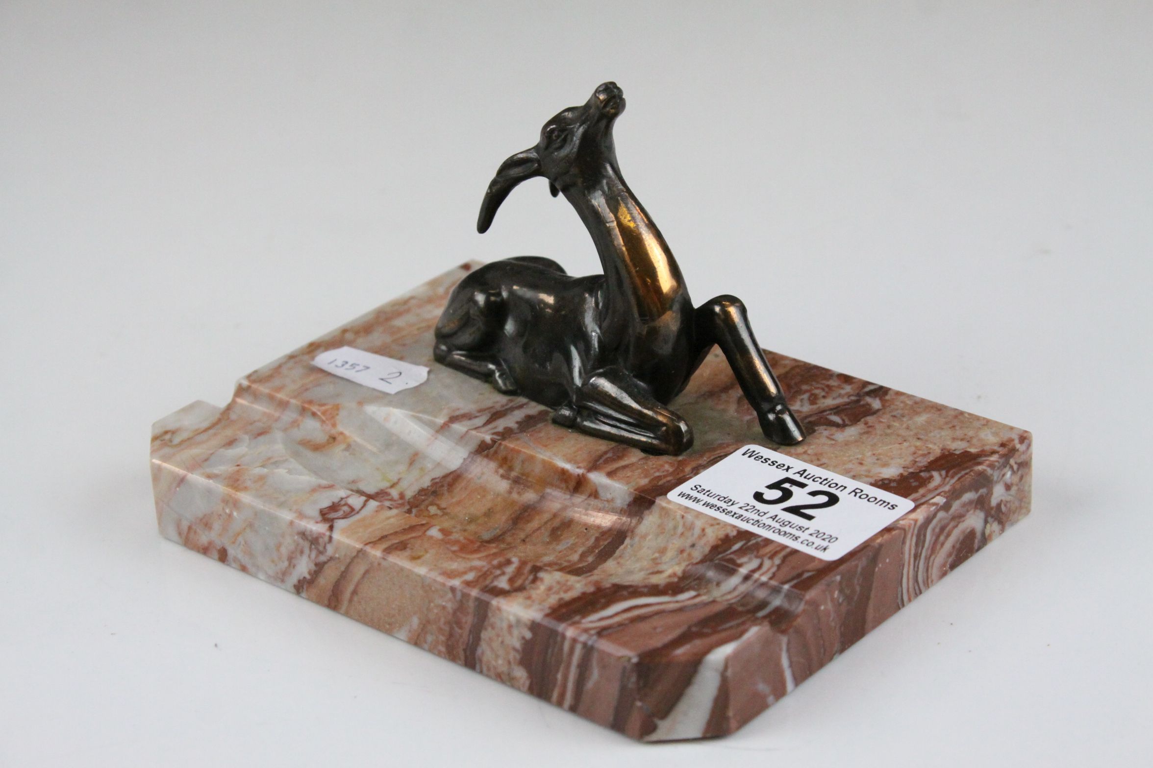 Art Deco Marble Pen Tray surmounted by a Metal Deer, L.14cms