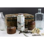 A basket of small collectables to include penknives, stud box, Japanese vase, measuring bottle,